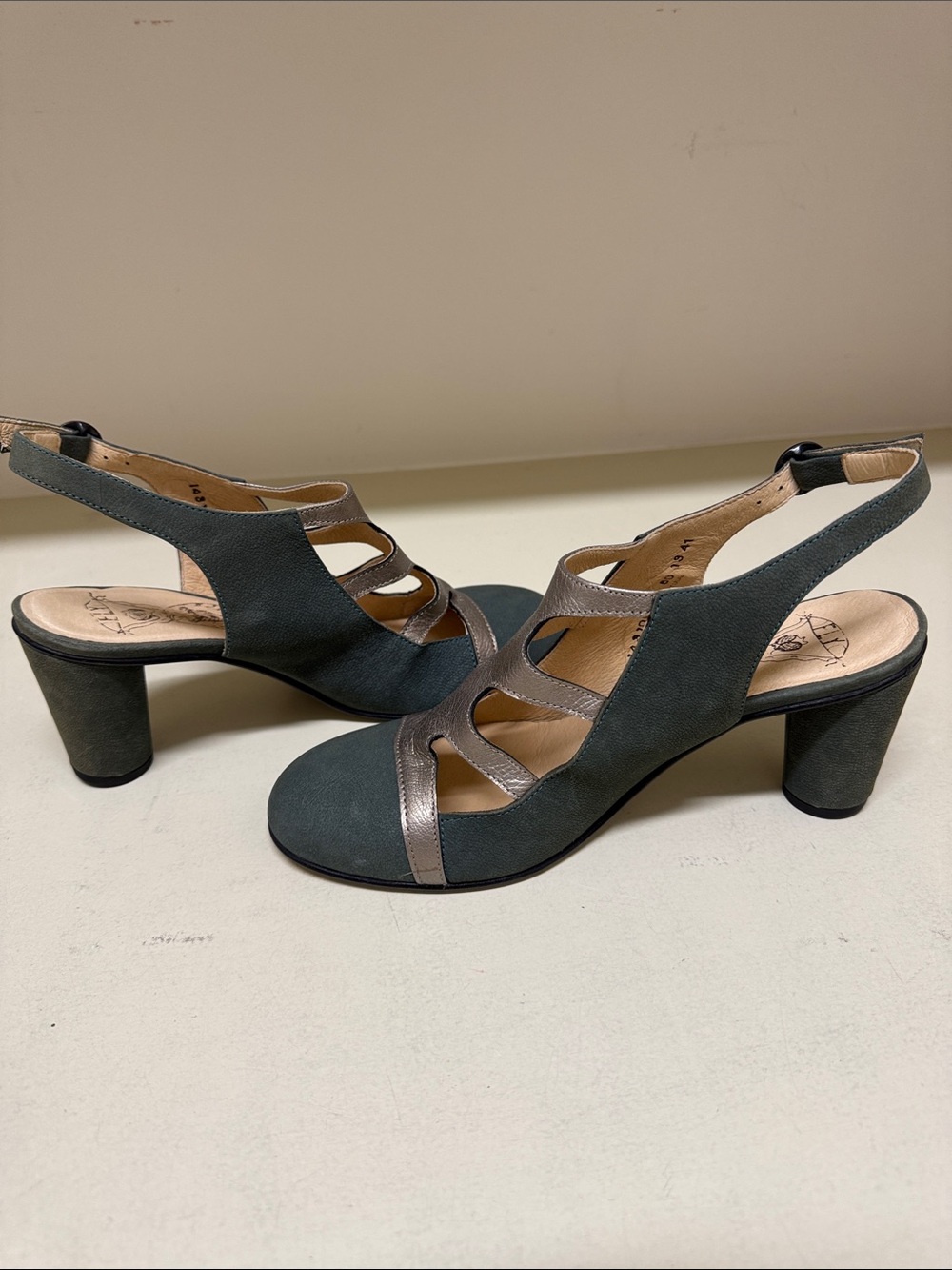 Fly London Green and Pewter Cutout Block Heel Pumps - Picture 5 of 8